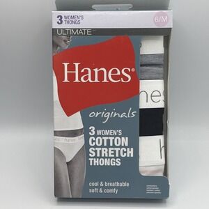 HANES 3 PK Originals Women's Cotton Stretch Thongs Underwear Sz 6/M Grey Black